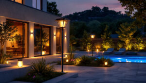A photograph of a beautifully designed outdoor space illuminated by elegant night light solar fixtures