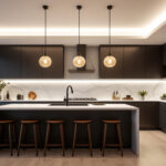A photograph of a beautifully designed island lighting fixture installed in a modern kitchen