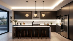 A photograph of a beautifully designed island lighting fixture installed in a modern kitchen