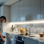 A photograph of a well-lit kitchen featuring an under cabinet strip light installation