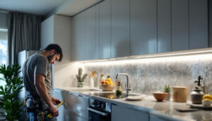 A photograph of a well-lit kitchen featuring an under cabinet strip light installation