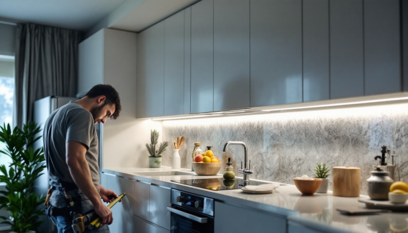 A photograph of a well-lit kitchen featuring an under cabinet strip light installation