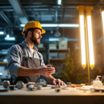 A photograph of a lighting contractor evaluating both led and fluorescent lighting options in a well-lit workspace