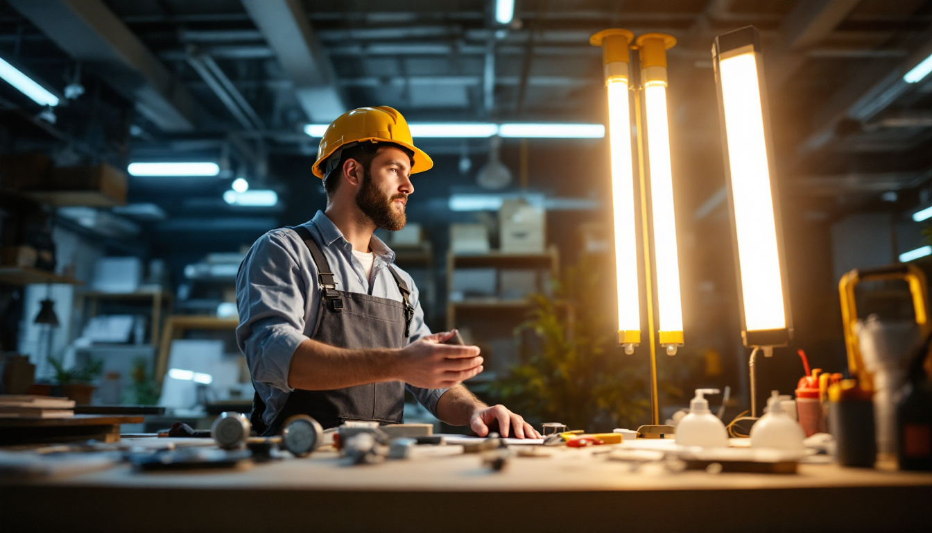 A photograph of a lighting contractor evaluating both led and fluorescent lighting options in a well-lit workspace
