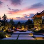 A photograph of a beautifully landscaped outdoor space illuminated by stylish led lights at dusk