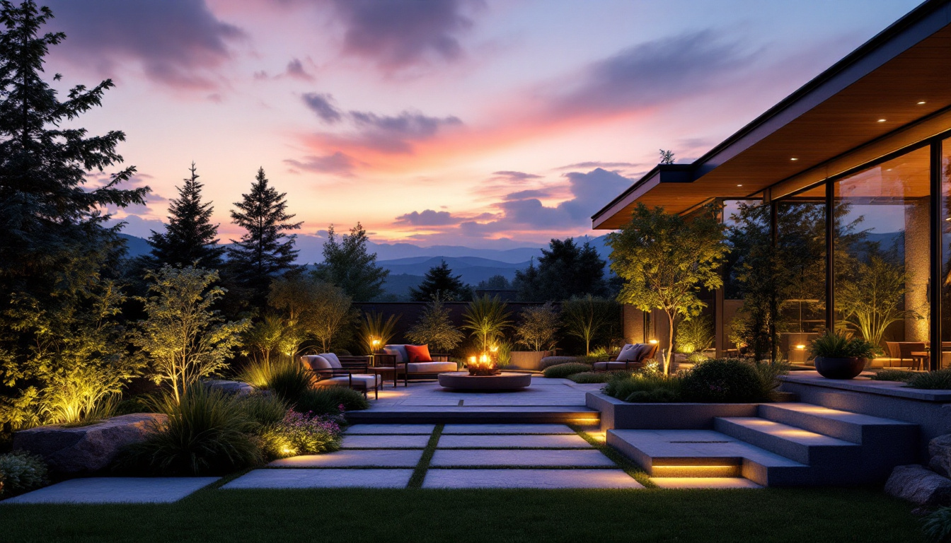 A photograph of a beautifully landscaped outdoor space illuminated by stylish led lights at dusk