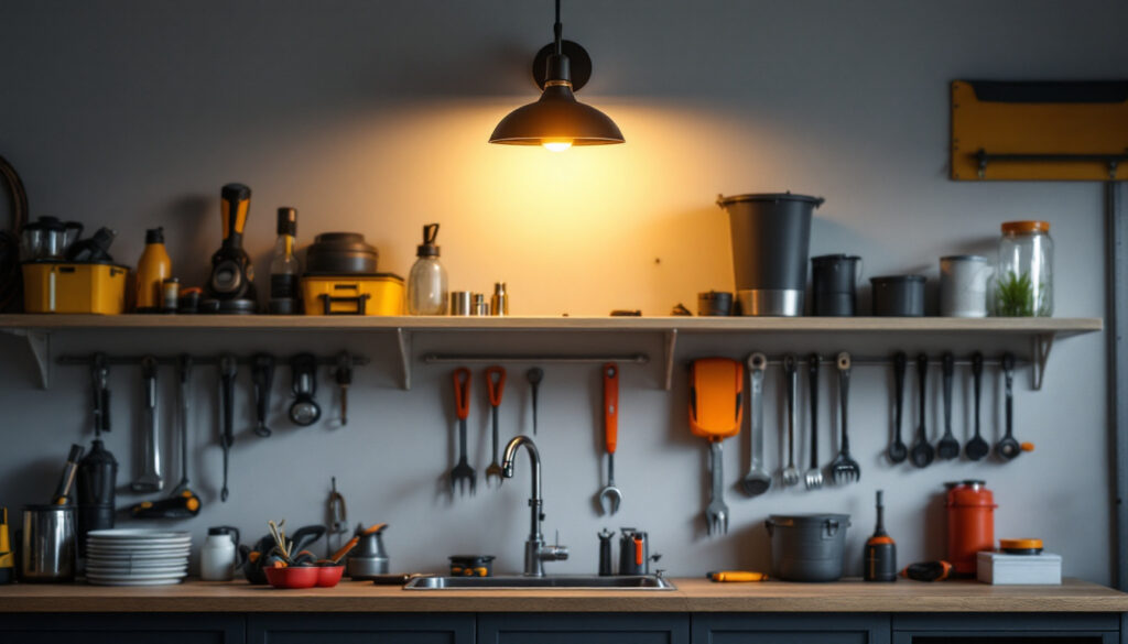 A photograph of a stylishly designed garage sconce light illuminating a well-organized garage space