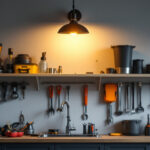A photograph of a stylishly designed garage sconce light illuminating a well-organized garage space