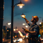 A photograph of a lighting contractor inspecting a street lamp pole at dusk