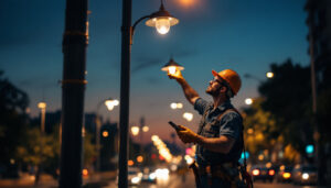A photograph of a lighting contractor inspecting a street lamp pole at dusk