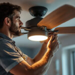 A photograph of a skilled lighting contractor installing or adjusting a fan cyclone in a modern home setting