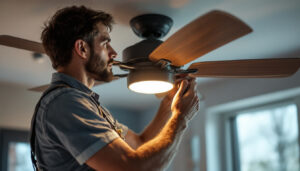 A photograph of a skilled lighting contractor installing or adjusting a fan cyclone in a modern home setting