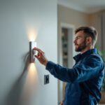 A photograph of a skilled lighting contractor installing a stylish dimmer switch in a modern home setting