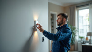 A photograph of a skilled lighting contractor installing a stylish dimmer switch in a modern home setting