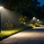 A photograph of a well-lit outdoor area featuring led flood lights illuminating a pathway or yard