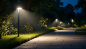 A photograph of a well-lit outdoor area featuring led flood lights illuminating a pathway or yard