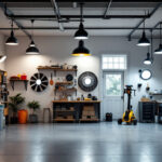 A photograph of a well-lit garage interior showcasing various types of garage lighting fixtures