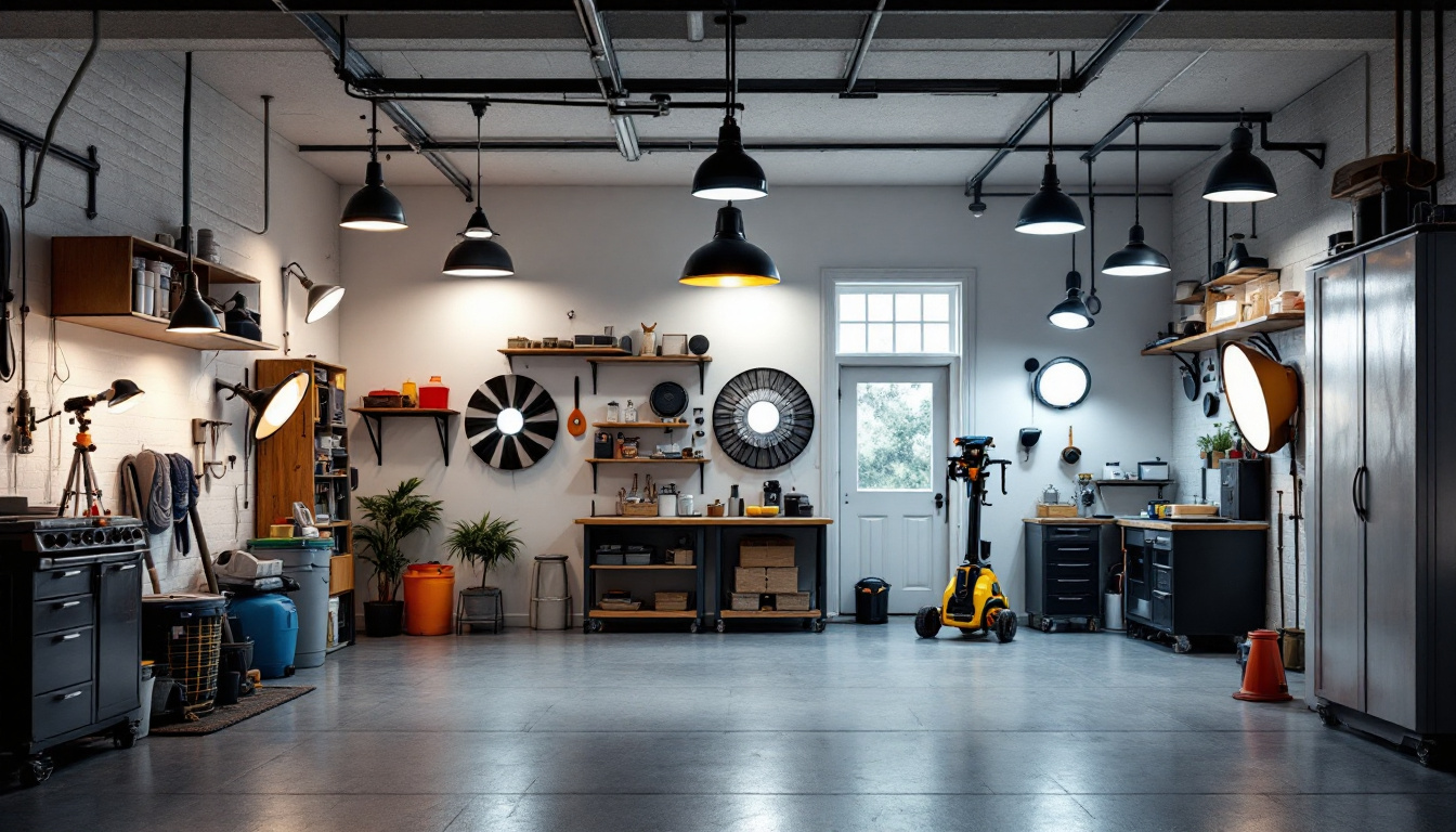 A photograph of a well-lit garage interior showcasing various types of garage lighting fixtures
