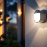 A photograph of a well-lit exterior space showcasing a stylish outdoor light fixture equipped with a photocell sensor