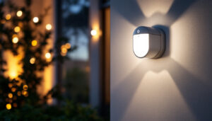 A photograph of a well-lit exterior space showcasing a stylish outdoor light fixture equipped with a photocell sensor