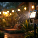 A photograph of a lighting contractor installing waterproof outdoor flood lights in a garden or patio setting