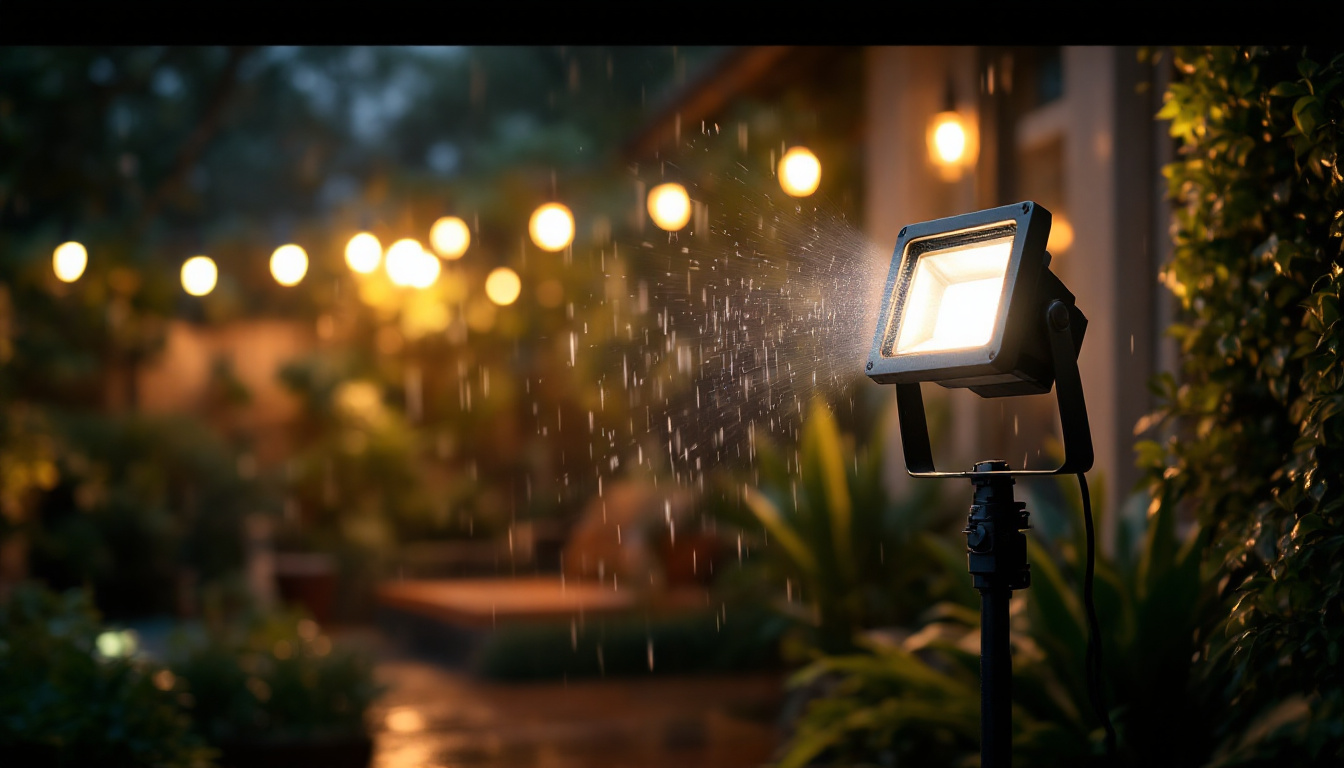 A photograph of a lighting contractor installing waterproof outdoor flood lights in a garden or patio setting