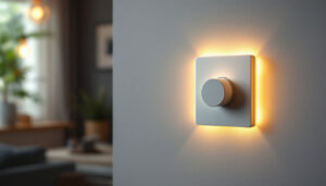 A photograph of a modern dimmer switch in a stylish home setting