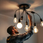 A photograph of a lighting contractor installing various types of light bulbs in a stylish ceiling fixture
