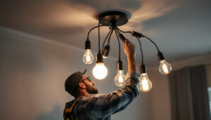 A photograph of a lighting contractor installing various types of light bulbs in a stylish ceiling fixture