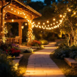 A photograph of capture a photograph of a beautifully lit outdoor setting showcasing a variety of up and down lights illuminating pathways and architectural features