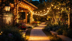 A photograph of capture a photograph of a beautifully lit outdoor setting showcasing a variety of up and down lights illuminating pathways and architectural features