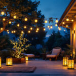 A photograph of a beautifully illuminated outdoor space featuring various types of home lighting