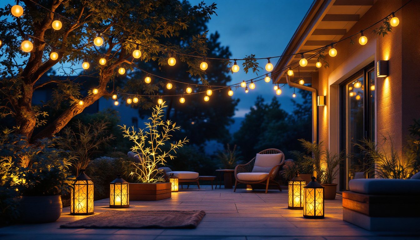 A photograph of a beautifully illuminated outdoor space featuring various types of home lighting