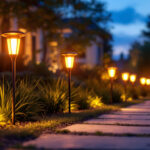 A photograph of a beautifully landscaped outdoor space illuminated by an array of stylish solar stake lights during twilight
