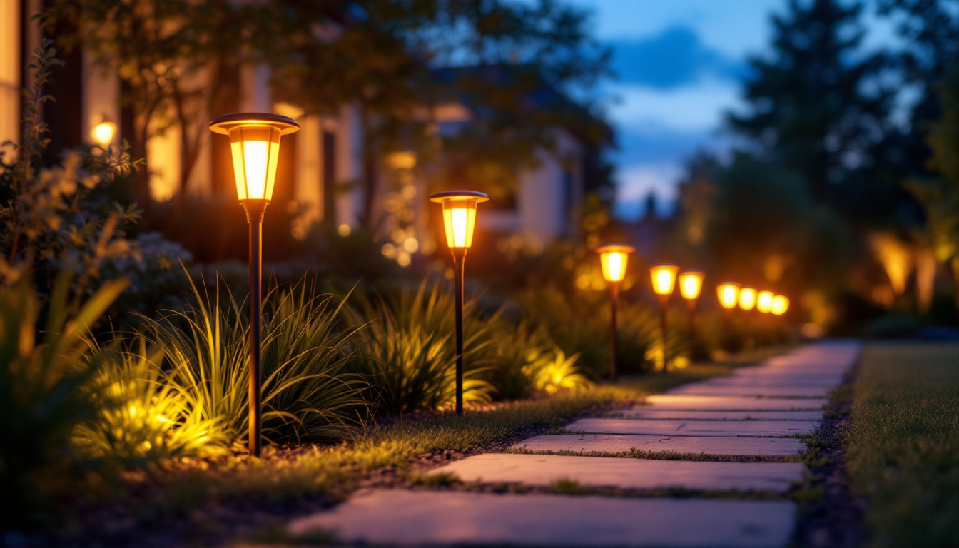 A photograph of a beautifully landscaped outdoor space illuminated by an array of stylish solar stake lights during twilight