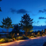 A photograph of a beautifully illuminated outdoor landscape at dusk