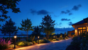 A photograph of a beautifully illuminated outdoor landscape at dusk