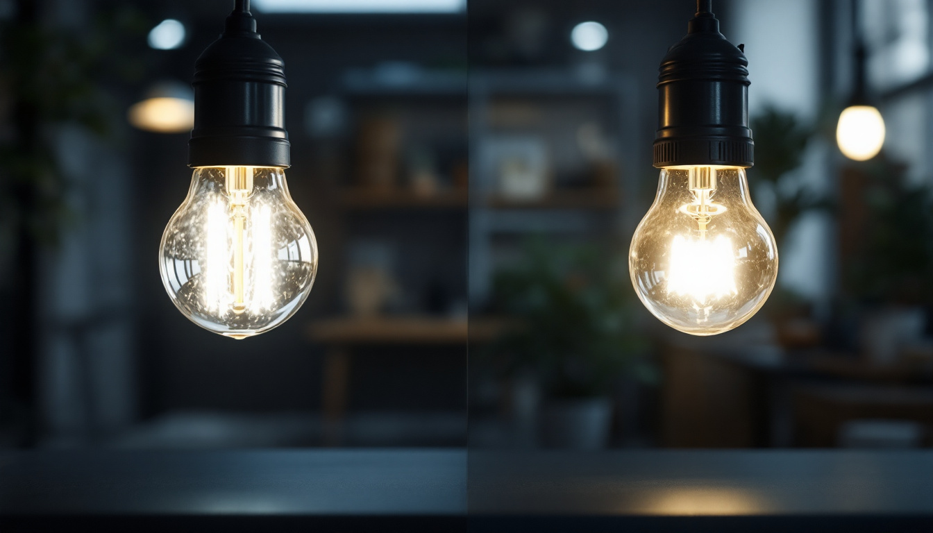 A photograph of a side-by-side comparison of a fluorescent lamp and an led bulb