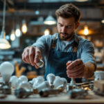 A photograph of a lighting contractor skillfully handling various bulb bases