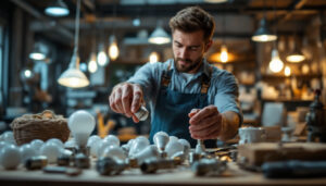A photograph of a lighting contractor skillfully handling various bulb bases