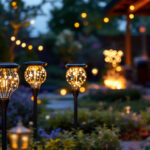 A photograph of a beautifully lit outdoor space featuring an array of stylish solar decorative lights