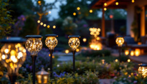 A photograph of a beautifully lit outdoor space featuring an array of stylish solar decorative lights
