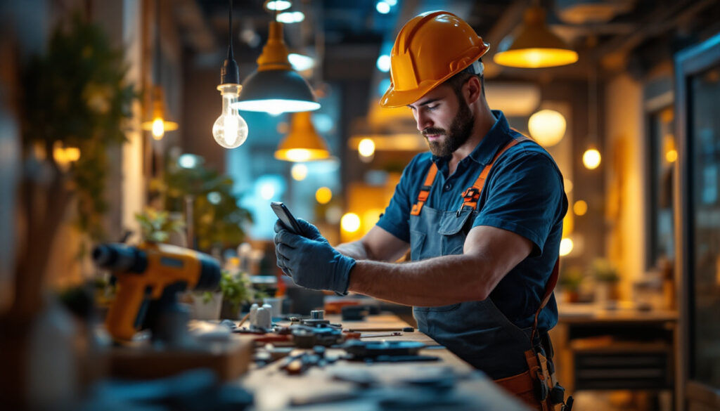 A photograph of a lighting contractor in action