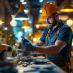 A photograph of a lighting contractor in action