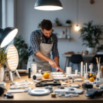 A photograph of a well-organized workspace featuring a variety of led lights and smart lighting tools