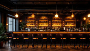 A photograph of a beautifully designed bar space featuring stylish over bar lighting fixtures that enhance the ambiance