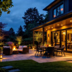 A photograph of a beautifully illuminated outdoor patio featuring stylish led lights