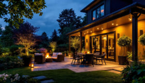 A photograph of a beautifully illuminated outdoor patio featuring stylish led lights