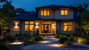 A photograph of a beautifully lit exterior of a modern home at dusk