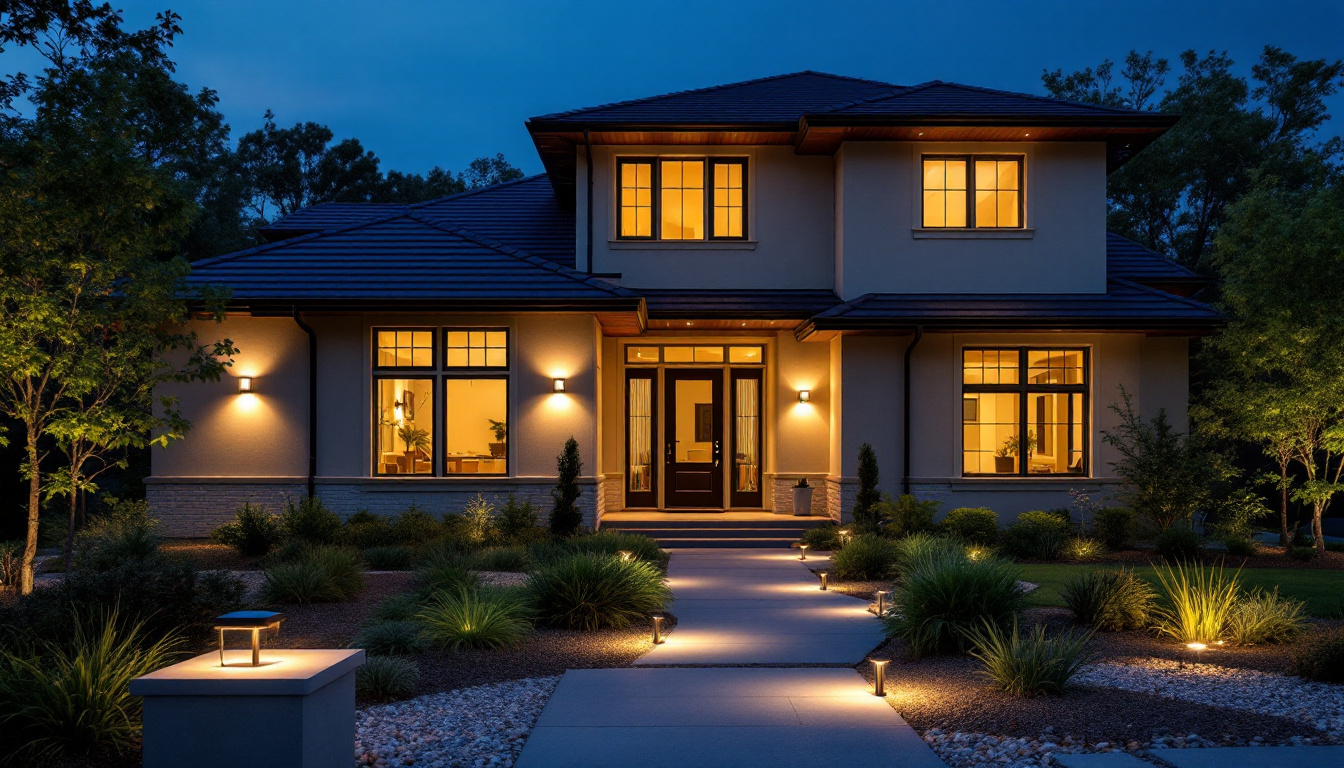 A photograph of a beautifully lit exterior of a modern home at dusk